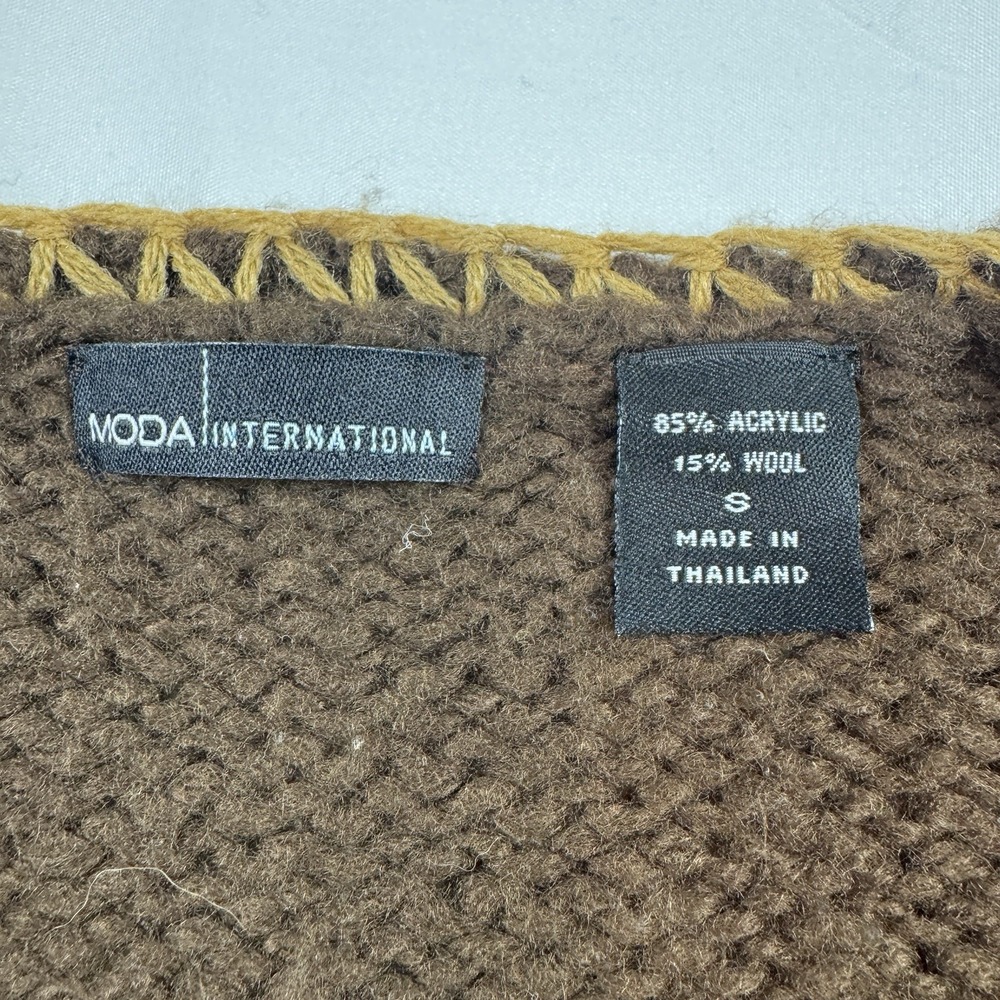 VTG Moda International Brown Tan Open Cardigan Whipstitch‎ Trim Wool Small - Picture 4 of 6